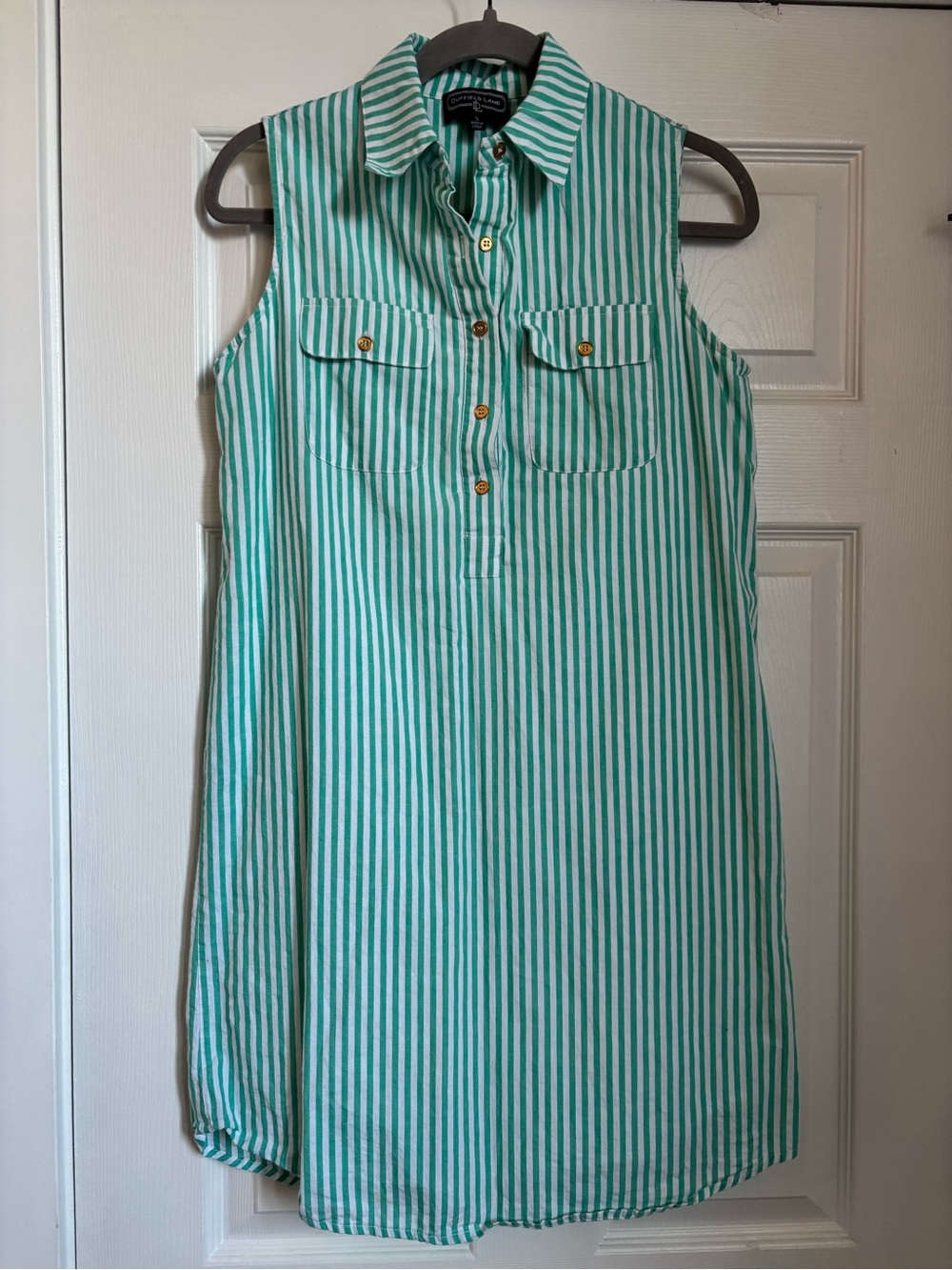 Duffield Lane 100% Cotton Sleeveless Collared Shirt Dress Preppy Mint Green Gold